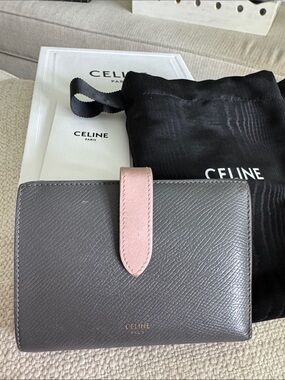 Celine Gray Leather Wallet with Pink Snap Strap With Logo Dust Bag & Box